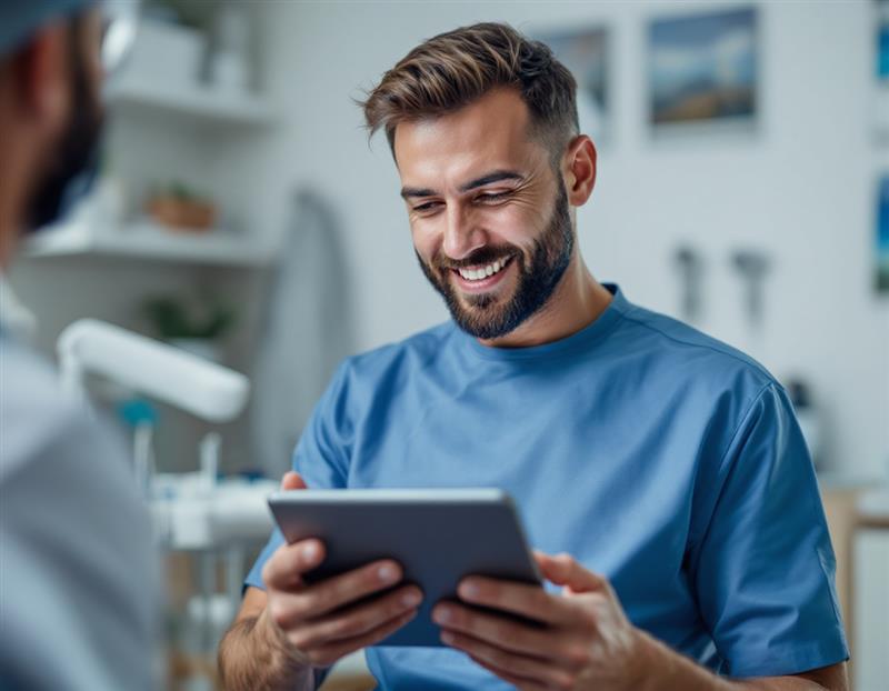 Dentista utilizando o APP EasyDental HOF em um tablet, com um sorriso no rosto, demonstrando satisfação e tecnologia no consultório